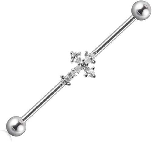 14G CZ Cross Industrial Barbell Earrings for Women 316L Stainless Steel Cartilage Earrings 38mm Industrial Bar Industrial Piercing Jewelry