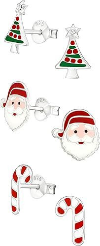 925 Sterling Silver Crystals Christmas Tree Santa Claus Candy cane Stud Earrings 28468