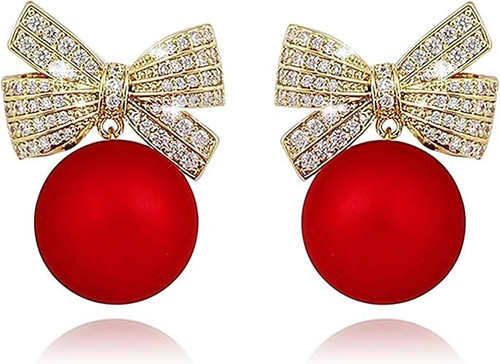 Pearl Bow Christmas Earrings for Women | Trendy Cute Sparkle Rhinestone Ribbon Dangle Christmas Earring, Holiday Gifts for Women | Christmas Decorations