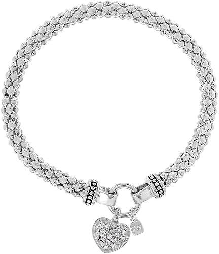 Women's Crystal Pave Heart Charm Stretch Bracelet Silver Tone