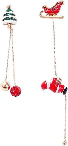 Santa Claus Snowflake Threader Tassel Earrings Asymmetric 3D Enamel Red Green Christmas Tree Hats Sock Chic Crystal Rhinestone Dangle Drop Earrings for Women Xmas Party Festival Holiday Jewelry