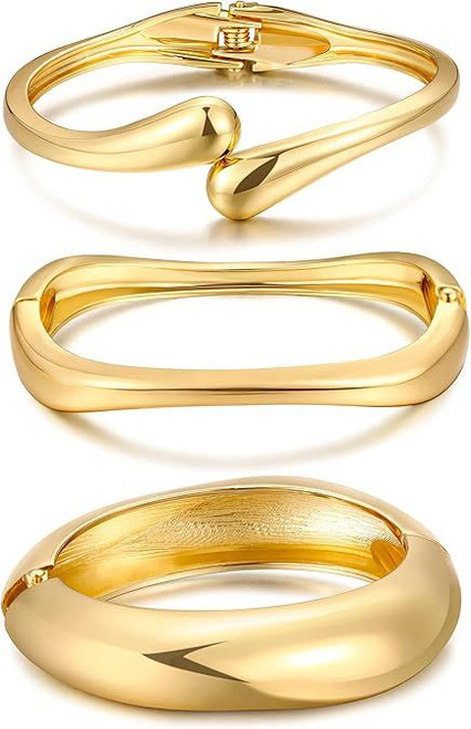 Chunky Gold Bangle Bracelets for Women, Dainty 14k Gold Plated Big Stackable Bangles Set, Trendy Statement Cuff Bracelet Stack Fashion Jewelry Gifts