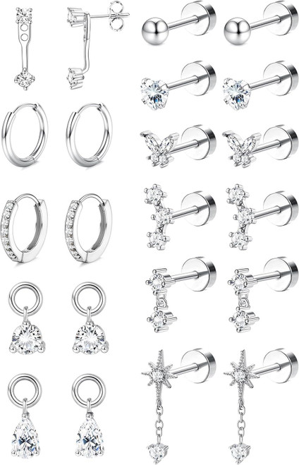 Hypoallergenic Silver Flat Back Earrings for Women - 14K Gold Plated Surgical Stainless Steel Earring Stacks Set | Small Stud & Hoop for Cartilage Helix Tragus Piercing Jewelry Comfort Gift