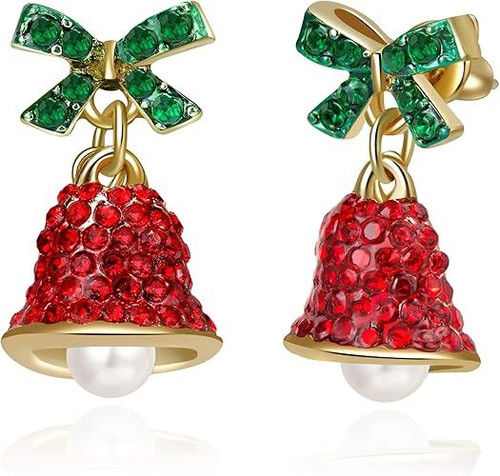 Red Crystal Bell Christmas Hat Earrings for Women, Santa Claus & Christmas Tree Dangle Drop Earrings with Sparkling Rhinestones