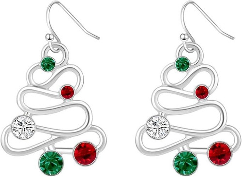 RareLove Red Green CZ Rhinestone Hollow Christmas Tree Dangle Christmas Earrings for Women Alloy Silver Plated, Holiday Earrings, Cute Earrings,Christmas Costume Jewelry