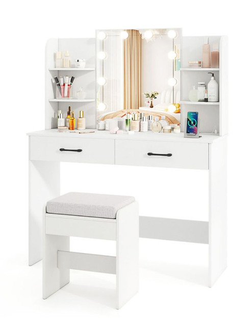 Vanity Set with Lighted Mirror and Stool with Power Outlet
