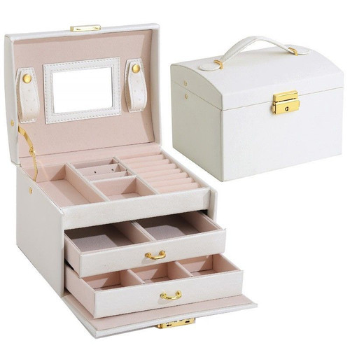 Multi-compartment Jewelry Storage Box with Mirror, Waterproof, Lockable & Portable Handheld Jewelry Case, Gift for Women