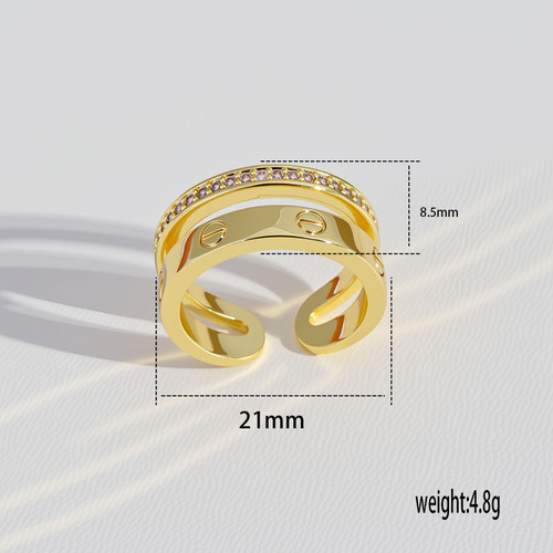18K Gold Plated Double Layer Screw Open Ring For Women, Paved Pink Crystal Zircon Adjustable Cuff Ring, Luxury Designer Inspired Minimalist Stainless Steel Stackable Fashion Jewelry Gift