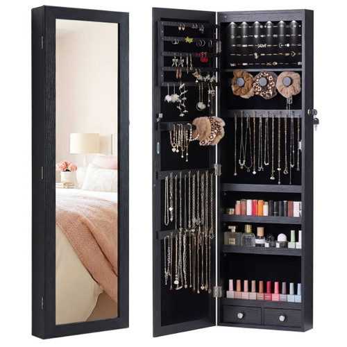 Wall-Mount/Door-Hanging Jewelry Armoire Large Capacity Mirror & LED Lights Lockable Organizer, 47.2-Inch Tall 6 LEDs Lockable Jewelry Cabinet