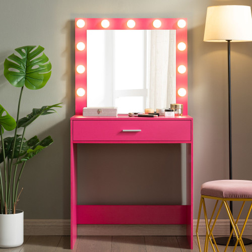 Vanity Desk with Mirror and Lights, Dressing Table with Large Drawer, 1 Level Storage Dresser & 3 Lighting Modes Adjustable Brightness, Suitable for Bedroom