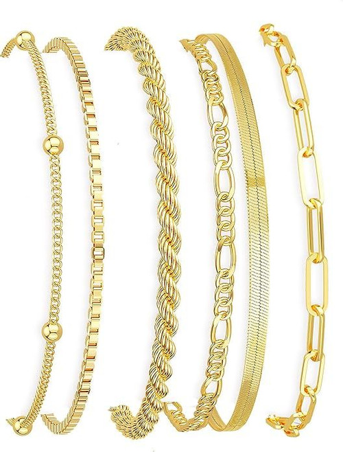 Bracelets for Women Waterproof, 14K Gold Plated Jewelry Sets Trendy Thin Dainty Stackable Cuban Link Paperclip Chain Bracelet Pack Fashion Accessories Gifts for Womens