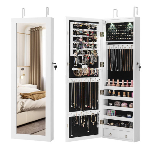 Lockable Wall Mount Mirrored Jewelry Cabinet with LED Lights