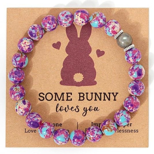 Easter Basket Stuffers Bracelet – Handmade Gemstone Bunny Bracelet with Cute Bunny Card and Gift Box, Stretch Beaded Jewelry Holiday Gift