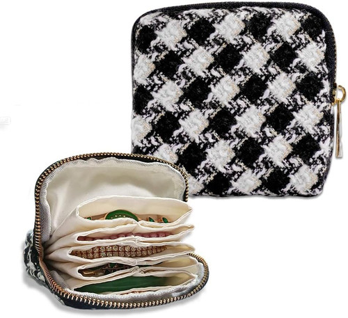 Small Travel Jewelry Pouch - Durable Tweed Mini Jewelry Storage Case, Chic Home Organizer for Rings, Earrings, Necklaces, Watches, Bracelets, Bangles, Women Girls Mom Gift