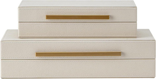 Set of 2 Beige Shagreen Decorative Storage Boxes with Gold Metal Handles – Faux Leather Jewelry Memory Boxes