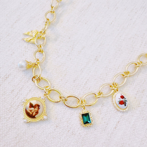 Angel & Rose Charm Necklace – Bold Gold Chain with Whimsical Vintage-Inspired Accents