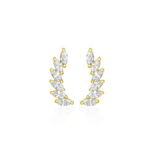 14k Yellow Gold Leaf Motif Climber Post Earrings with Marquise Cubic Zirconias