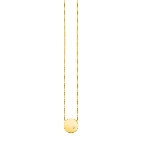 14k Yellow Gold Necklace with Polished Round Pendant with Diamond