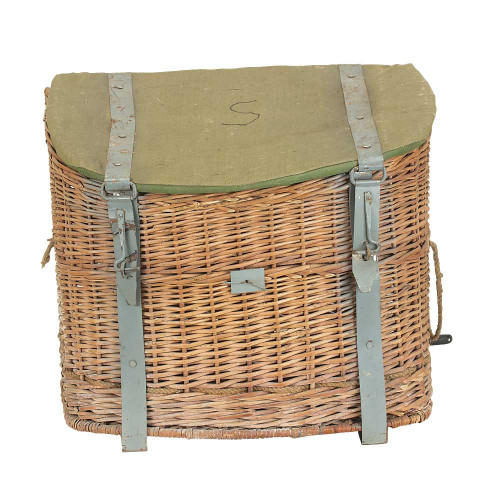 VINTAGE ROMANIAN WOVEN WICKER SADDLE PACK WITH CANVAS TOP EMPTY