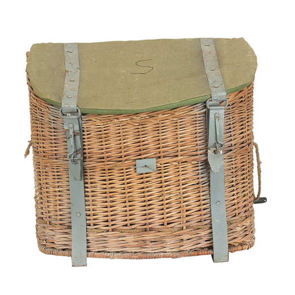 VINTAGE ROMANIAN WOVEN WICKER SADDLE PACK WITH CANVAS TOP EMPTY