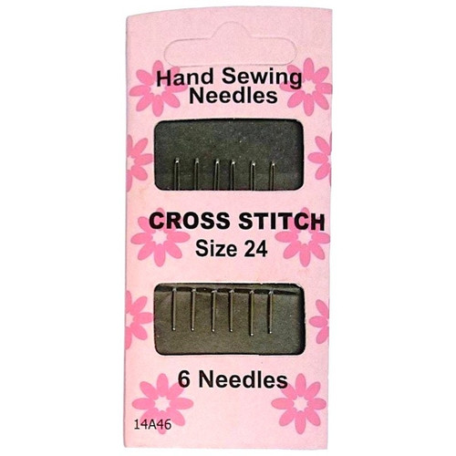 Image shows a pack of 6 cross stitch hand sewing needles in size 24. The needles are arranged in a paper sleeve with a viewing window. Their blunt tips and slender shafts are visible, and the packaging includes simple, clear labelling in a classic design.