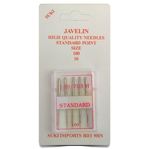 A pack of 5 sewing machine needles in a plastic box on white card which states Javelin High Quality Needles Standard Point Size 16/100