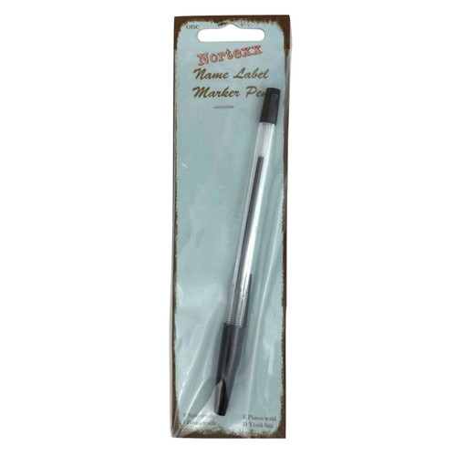 A clear plastic pack containing a black biro type pen on a card backing stating Name Label Marker Pen