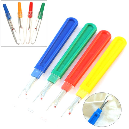 Image shows eight seam rippers four of each size (also known as stitch unpickers), one with a small handle and one with a longer handle for improved grip. Each has a fine metal hook blade protected by a clear plastic lid. Tools come in assorted colours such as red, blue, green and yellow.