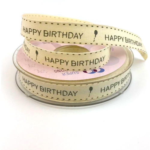 Image shows a cream-beige grosgrain ribbon printed on one side with the phrase “Happy Birthday” and small balloon motifs between each repeat. The ribbon is 16mm wide and has a vintage-style look, shown wound around a spool.
