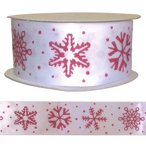 Festive 38mm ribbon with red glitter snowflake design, sold by the metre for Christmas crafts and gift wrapping. A full roll of white satin ribbon with glitter red snowflakes printed on it.