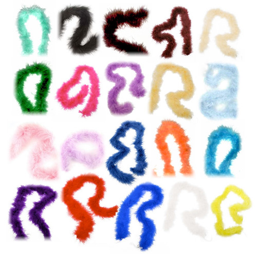 Image shows multiple lengths of marabou feather boa trim in a selection of colours. The feathers are soft, lightweight, and fluffy, attached to a central cord for easy application in sewing, costumes, and craft projects.
