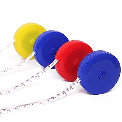 Image shows four round rotary retractable dressmakers tape measures. The 60 inch / 150cm tape is printed in both metric and imperial measurements in red font, with a button on the side for retracting the tape into its compact plastic holder. The colours shown are blue in the foreground, then red, then blue again and then yellow at the back.