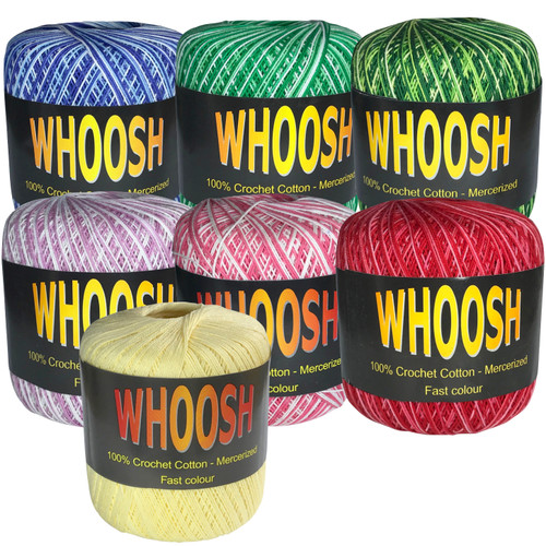 Image shows several balls of Whoosh Crochet Cotton with a smooth, lustrous finish. The label displays the brand name “Whoosh” along with product details. The yarn is tightly wound, showing the fine, even twist of the mercerised cotton. Image shows seven colours available for purchase in total.