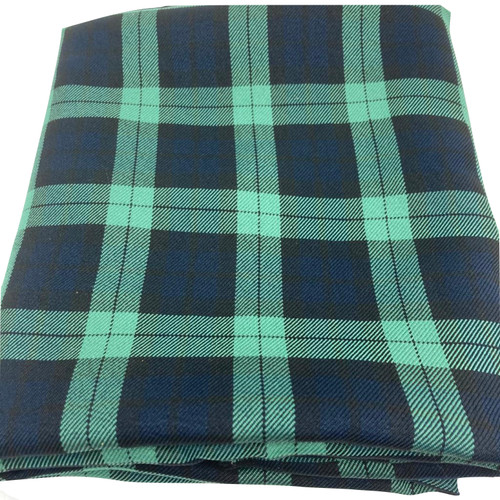 Image shows a length of Blackwatch tartan fabric with a twill weave. The fabric is 147cm wide, medium weight, and displays the classic dark green, navy blue, and black tartan pattern with crisp lines and a smooth drape. The image shows the fabric folded into a rectangle shape.