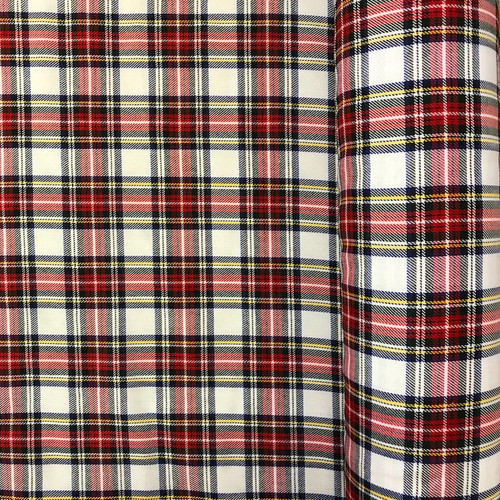 Image shows a length of Snowdon tartan polyester fabric, 150cm wide, in a medium-weight weave. The pattern features a classic tartan check in traditional colours with crisp, clean lines. The fabric has a smooth texture and moderate drape.