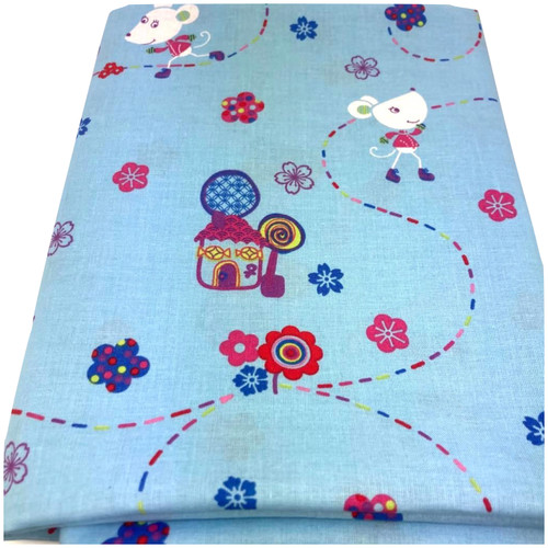 Image shows a lightweight blue cotton fabric printed with a playful children’s design of Nora the Mouse. The fabric is 137cm wide with a silky smooth finish, soft drape, and fine weave. Image shows fabric folded into a rectangle.