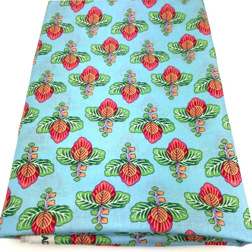 Image shows a medium weight dark aqua cotton fabric, 137cm wide, printed with a colourful floral design featuring large flowers and leafy shapes resembling cabbage leaves. The design is uniform with no set direction. Folded in a rectangle.
