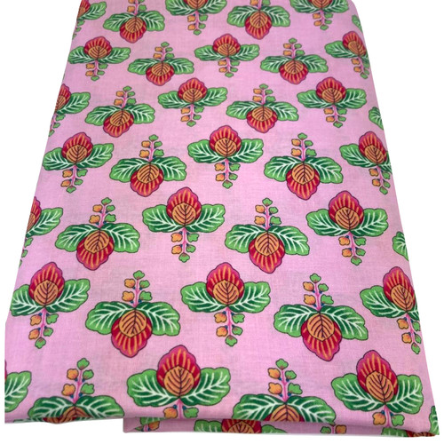 Image shows a medium weight dark pink cotton fabric, 137cm wide, printed with a colourful floral design featuring large flowers and leafy shapes resembling cabbage leaves. The design is uniform with no set direction. Folded in a rectangle.