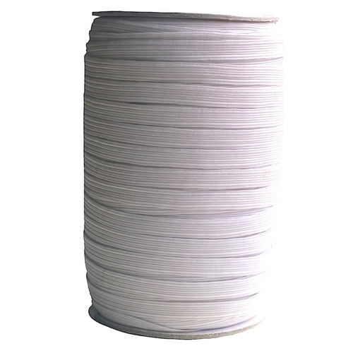 Image shows a 100-metre roll of 8mm-wide woven elastic tape in white. The elastic has a fine, smooth texture and is wound neatly for storage. Suitable for dressmaking, knitwear, crochet, and craft projects.