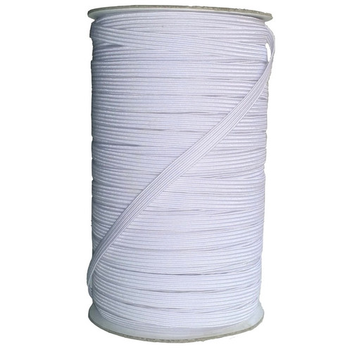 Image shows a 100-metre roll of 7mm-wide woven elastic tape in white. The elastic has a fine, smooth texture and is wound neatly for storage. Suitable for dressmaking, knitwear, crochet, and craft projects.