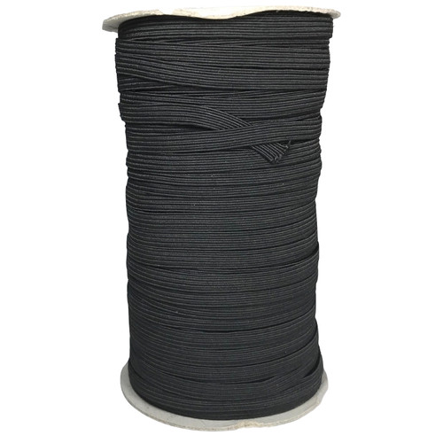 Image shows a 100-metre roll of 7mm-wide woven elastic tape in black. The elastic has a fine, smooth texture and is wound neatly for storage. Suitable for dressmaking, knitwear, crochet, and craft projects.