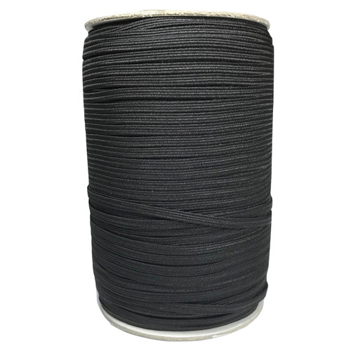 Image shows 200-metre roll of 3mm-wide woven elastic tape in black. The elastic has a fine, smooth texture and is wound neatly for storage. Suitable for dressmaking, knitwear, crochet, and craft projects.