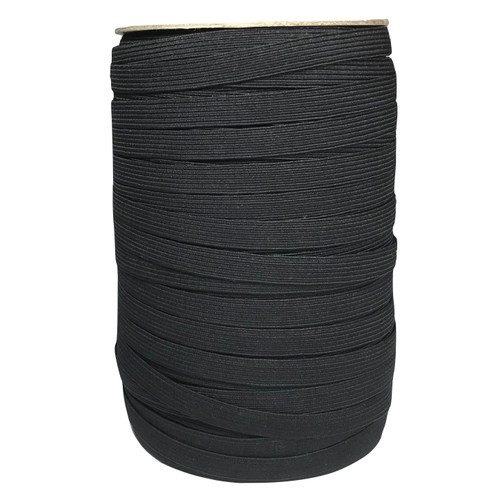 Image shows 100-metre roll of 10mm-wide woven elastic tape in black. The elastic has a fine, smooth texture and is wound neatly for storage. Suitable for dressmaking, knitwear, crochet, and craft projects.