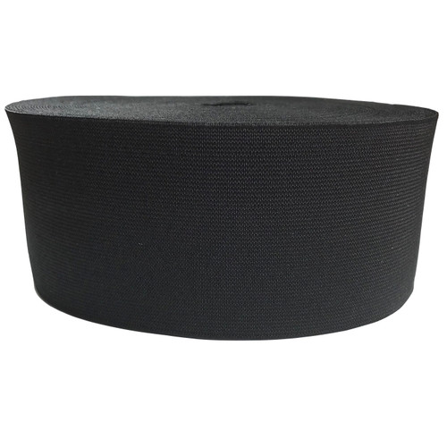 Image shows a 25-metre roll of 75mm-wide (3 inch) loom woven elastic in black. The elastic is thick, strong, and neatly wound, suitable for waistbands, sportswear, upholstery, and heavy-duty sewing projects.