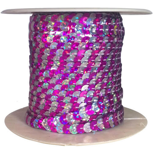 Alternating cerise pink and silver hologram sequins each 6mm diameter, pre-strung on thread, shown on a roll.