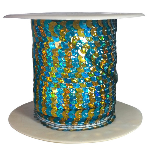 Alternating turquoise blue and gold hologram sequins each 6mm diameter, pre-strung on thread, shown on a roll.