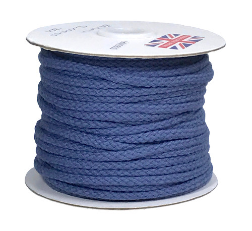 A roll of blue strong 4mm braided cotton lacing cord, natural finish, shown coiled neatly on a 30 meter roll.