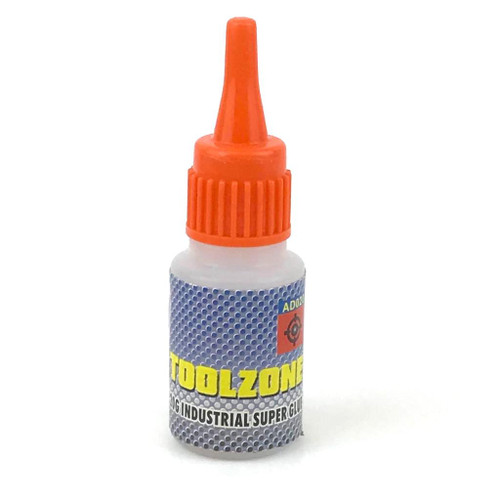 Tube of Toolzone Industrial Super Glue, 20g, designed for bonding wood, metal, porcelain, leather, and plastic.