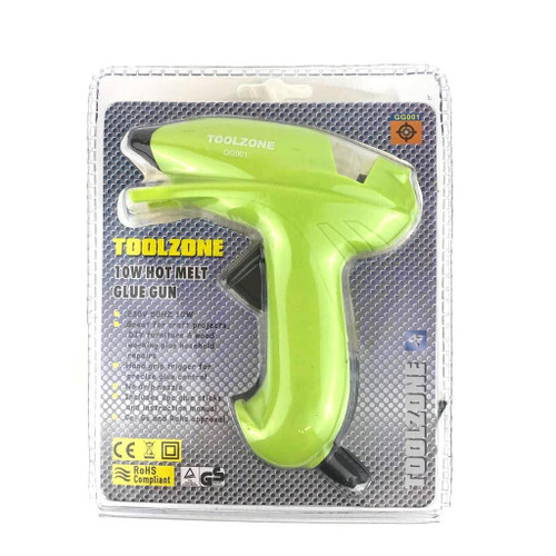 Green 10W mini hot melt glue gun in retail packaging with Toolzone branding.