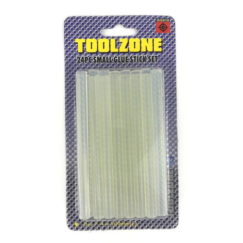 Pack of 24 clear mini glue gun sticks in retail packaging with Toolzone branding.